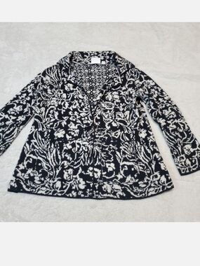 Anthropologie Black White Floral Knit Reversible Cardigan‎ Blazer XS Artsy Cozy